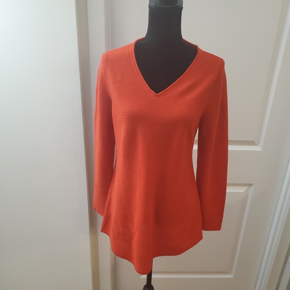 Eileen Fisher Red Lory Orange Merino Wool V-Neck Sweater Size PL